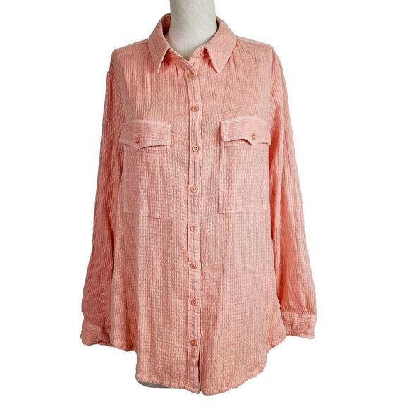 NWT Anthropologie Pilcro Womens Knit Button Up Oversize Top‎ M Long Sleeve Peach - Picture 1 of 9